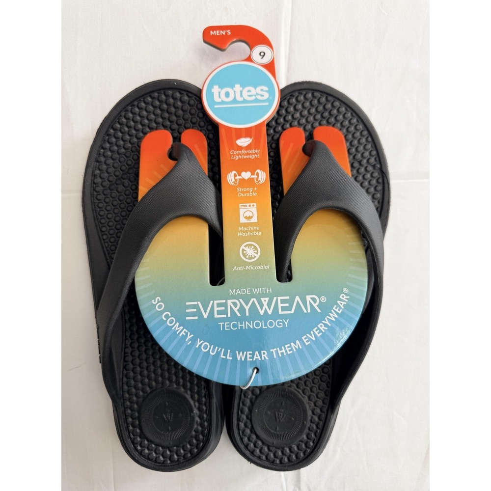 Totes Everywear Shoes Mens Size 9 Black Flip Flop Sandals Lightweight New
